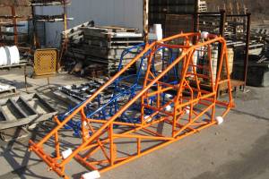 orange and blue powder coated dragster frames