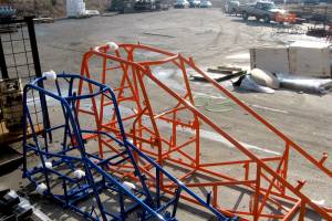 orange and blue powder coated dragster frames