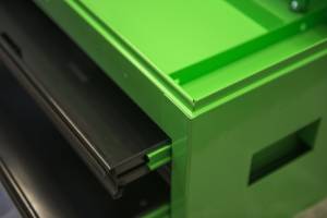 Green powder coating on a custom shelving system